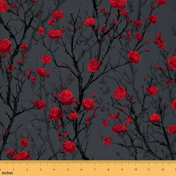 Homewish Vintage Country Floral Fabric by the Yard 1 Yard,Romantic Flpwer Home Decor Fabric by the Yard,Red Black Sewing Fabric For Children,Super Cozy Room Decor