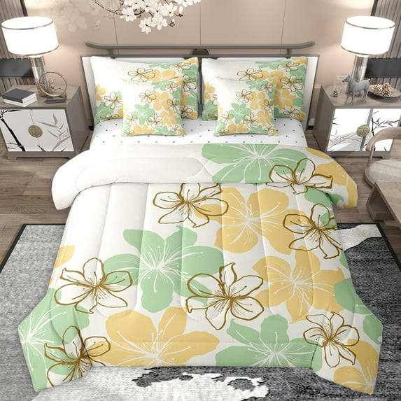 Homewish Vintage Country Flower 7-Piece Twin Bedding Sets,Rustic Western Farmhouse Bedding Comforter Set,Yellow Green White Sheet Sets For Kids,Luxury Bedroom Decor Reversible