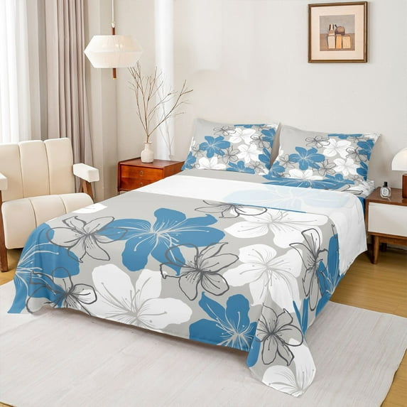 Homewish Vintage Country Flower Twin Sheet Sets,Rustic Western Farmhouse Twin Fitted Sheet,Blue White Gray Flat Sheet For Kids,Luxury Bedroom Decor,3 Pieces