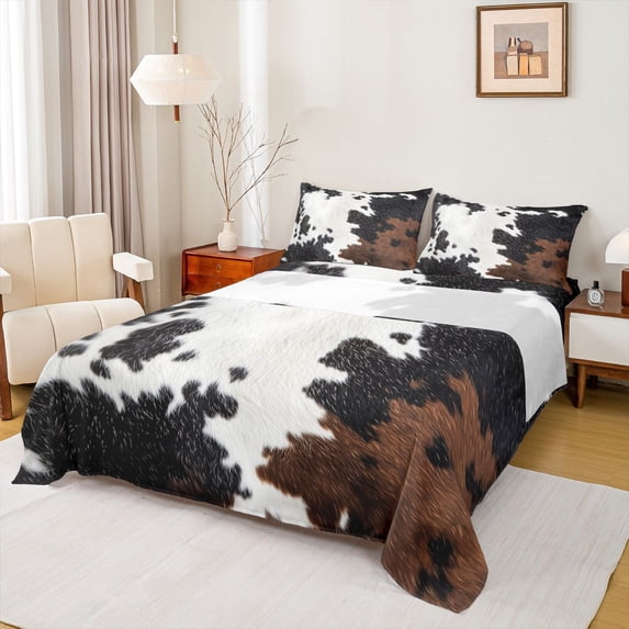 Homewish Vintage Cow Hide Twin Sheet Sets,Rustic Farmhouse Cabin Twin Fitted Sheet,Country Cattle Hide Flat Sheet For Adults,Breathable Home Decor,3pcs