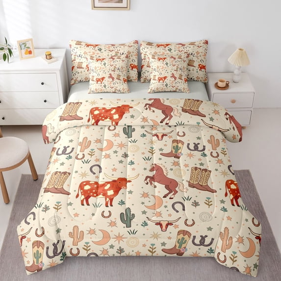 Homewish Vintage Cowboy Boots 7pcs Queen Bedding,Rustic Horse Print Bedding Comforter Set Queen,Light Gray Reversible