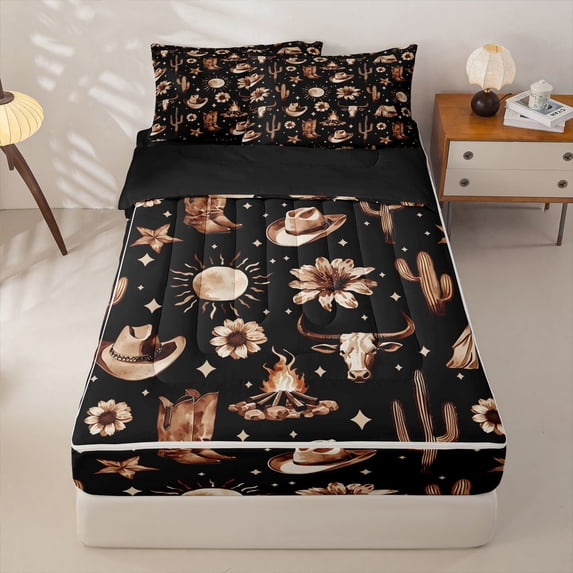 Homewish Vintage Cowboy Boots Zipper Full Size Comforter Sets with Fitted Sheet and 2 Pillowcases,Retro Floral Cactus Zipper Bedding Set,Black Brown,Black Reversible,4pcs