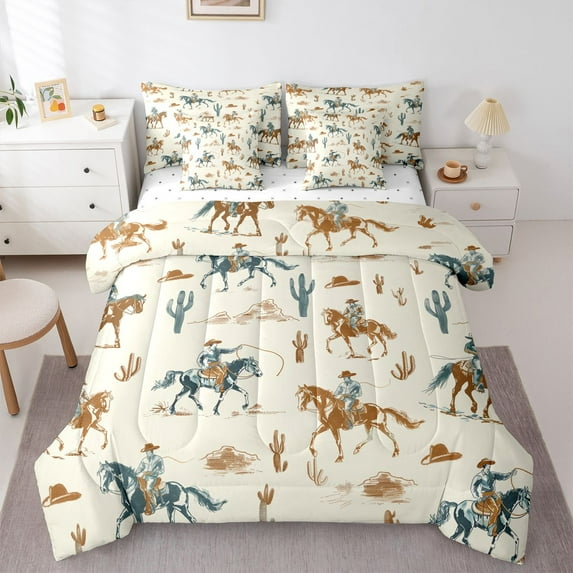Homewish Vintage Cowgirl Cowboy Bedding Comforter Set 7-Piece for Kids, Rustic Farmhouse King Bedding Sets, Western Horse Animal Reversible Bed Sheets, Lightweight Room Decor