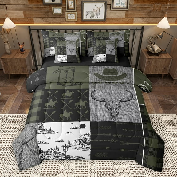 Homewish Vintage Cowgirl Hat Bedding Comforter Set 7pcs, Green Grey Patchwork Queen Bedding Sets, Rustic Farmhouse Cabin Reversible Queen Sheet Sets, Microfiber Bedroom Decor