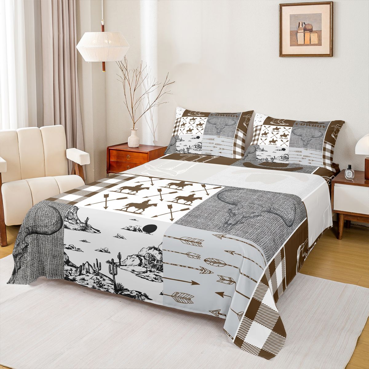 Rustic Sheet Homewish Vintage Cowgirl Hat Full Size Sheets, Grey Brown Patchwork Bed ...