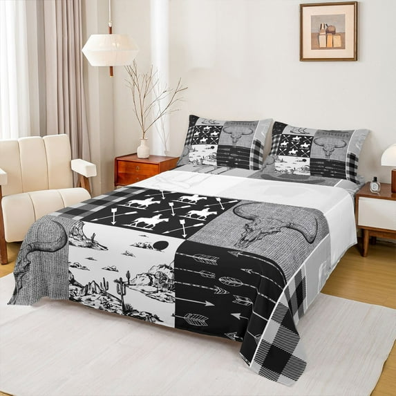 Homewish Vintage Cowgirl Hat Twin Sheet Sets, Black Grey Patchwork Twin Fitted Sheet, Rustic Farmhouse Cabin Flat Sheet, Super Cozy Room Decor, 3 Pieces