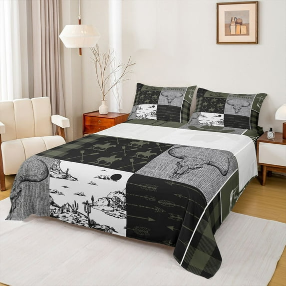Homewish Vintage Cowgirl Hat Twin Sheet Sets, Green Grey Patchwork Twin Fitted Sheet, Rustic Farmhouse Cabin Flat Sheet, Microfiber Bedroom Decor, 3 Pieces