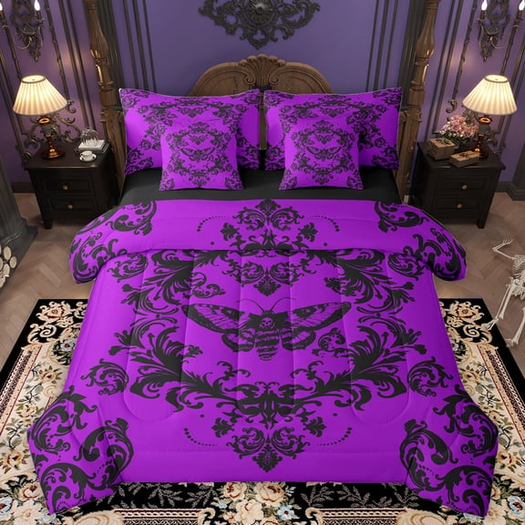 Homewish Vintage Damask 7-Piece Bedding Comforter Set,Victorian Flower King Bedding Sets,Gothic Moth Skeleton Bed Sheets For Men Women,Super Cozy Room Decor Reversible