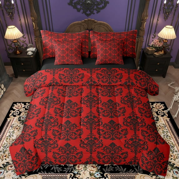Homewish Vintage Damask 7-Piece Twin Bedding Sets,Victorian Flower Bedding Comforter Set,Red Black Sheet Sets For Men Women,Super Cozy Room Decor Reversible