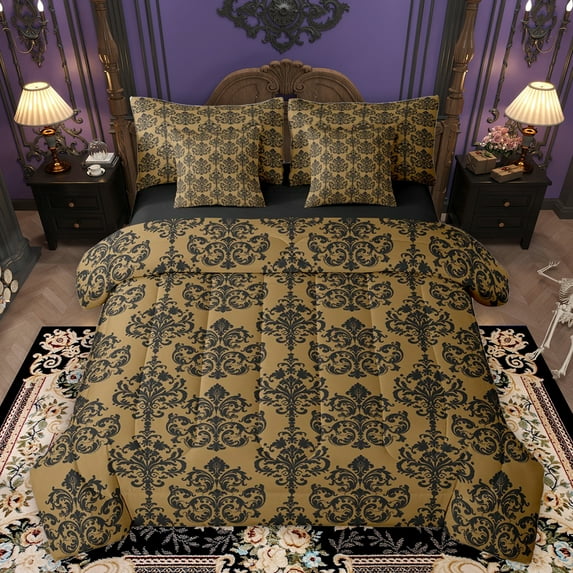 Homewish Vintage Damask 7pcs Bedding Comforter Set,Victorian Flower Queen Bedding Sets,Brown Black Queen Sheet Sets For Men Women,Super Cozy Room Decor Reversible