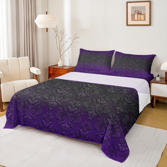 Homewish Vintage Damask Bed Sheets,Retro Baroque Flower King Sheets,Black Purple Sheet Set For Men Women,Microfiber Bedroom Decor,4pcs