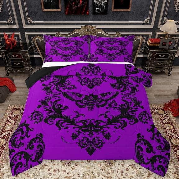 Homewish Vintage Damask Bedding Comforter Set,Victorian Flower Twin Comforter Sets,Gothic Moth Skeleton Bedding Set For Men Women,Super Cozy Room Decor Reversible,2 Pieces