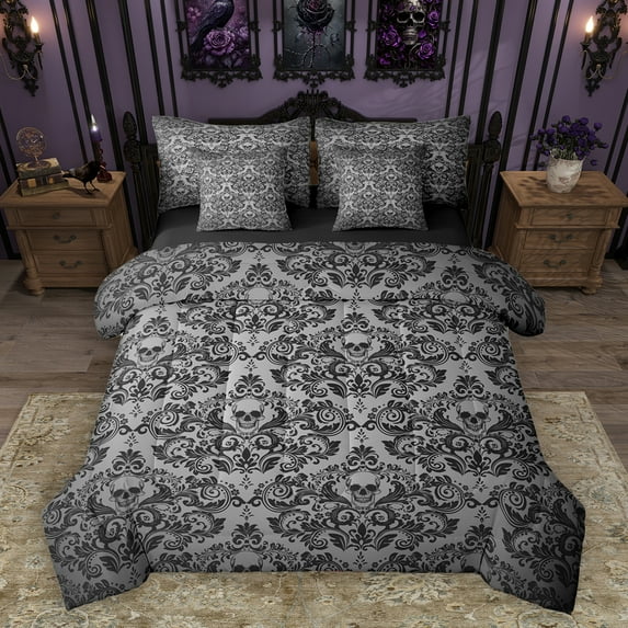 Homewish Vintage Damask Floral 7-Piece Bedding Comforter Set,Gothic Skull King Bedding Sets,Gray Victorian Bed Sheets For Boys Kids,Breathable Bedroom Decorative Reversible
