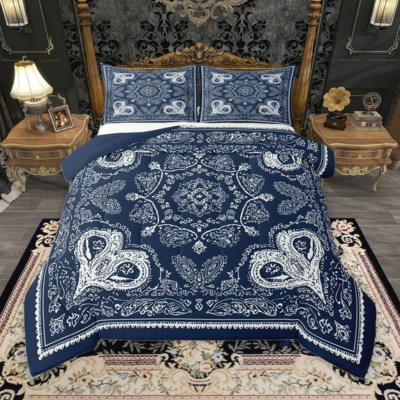 Homewish Vintage Damask Floral Bedding Comforter Set,Boho Style Twin Comforter Sets,Blue White Bedding Set For Adults,Breathable Bedroom Decorative Reversible,2pcs