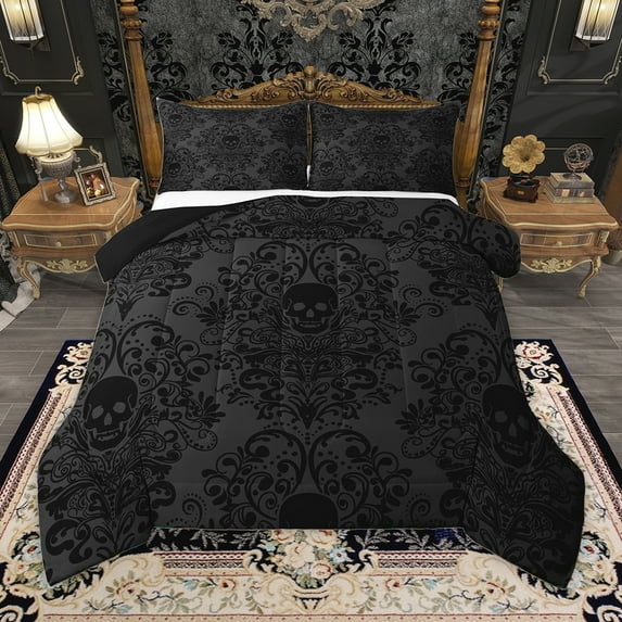 Homewish Vintage Damask Twin Comforter Set,Gothic Skull Black Spooky Halloween,Breathable Reversible Decor,2-Piece