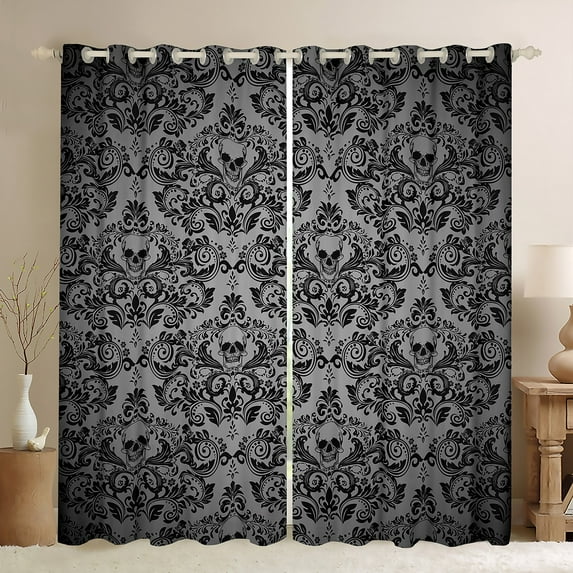 Homewish Vintage Damask Floral Blackout Curtains Set of 2 (52x84 Each),Gothic Skull Window Curtains,Gray Victorian Curtains and Drapes For Boys Kids,Breathable Bedroom Decorative