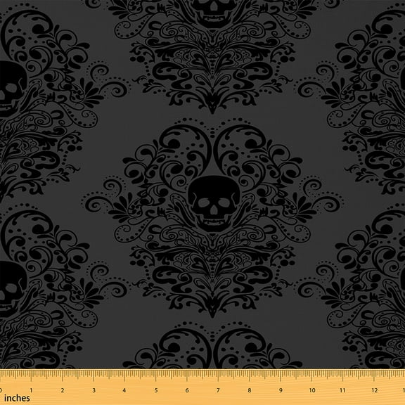 Homewish Vintage Damask Floral Fabric by the Yard 1 Yard,Gothic Skull Home Decor Fabric by the Yard,Gray Victorian Sewing Fabric For Men Women,Breathable Bedroom Decorative