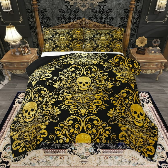 Homewish Vintage Damask Floral Full Size Comforter Sets,Gothic Skull Bedding Comforter Set,Gold Spooky Halloween Bedding Sets,Breathable Bedroom Decorative Reversible,3pcs
