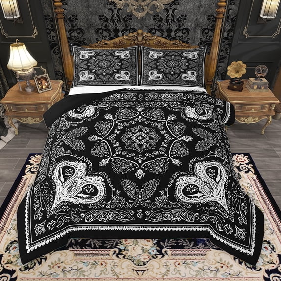 Homewish Vintage Damask Floral Queen Comforter Set,Boho Style Bedding Sets,White Black Bedding Comforter Set For Adults,Breathable Bedroom Decorative Reversible,3-Piece