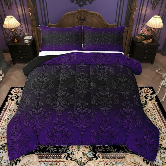 Homewish Vintage Damask Full Size Comforter Sets,Retro Baroque Flower Bedding Comforter Set,Black Purple Bedding Sets For Men Women,Microfiber Bedroom Decor Reversible,3-Piece