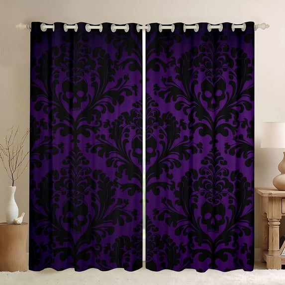 Homewish Vintage Damask Print Kitchen Curtains,Spooky Halloween Skull Themed Black Out Curtains Pack of 2 (42x63 Each),Purple