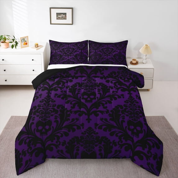 Homewish Vintage Damask Print Queen Comforter Set,Spooky Halloween Skull Themed Comforter Sets Queen,Purple,Black Reversible,3pcs,1 Comforter and 2 Pillowcases