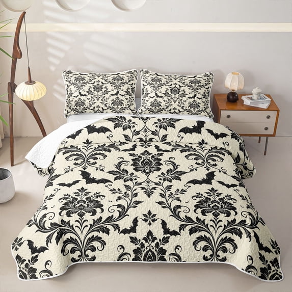 Homewish Vintage Damask Quilt Full, Classic Gothic Flower Full Bedspread Sets, Ivory Black, 3pcs 1 Bedspread and 2 Pillowcases