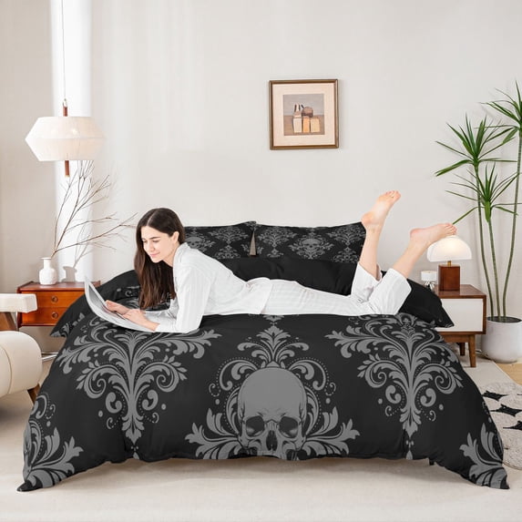 Homewish Vintage Damask Skull Bedding,Gothic Halloween Duvet Cover Full,Black Gray,Black Reversible,3pcs,1 Duvet Cover and 2 Pillowcases