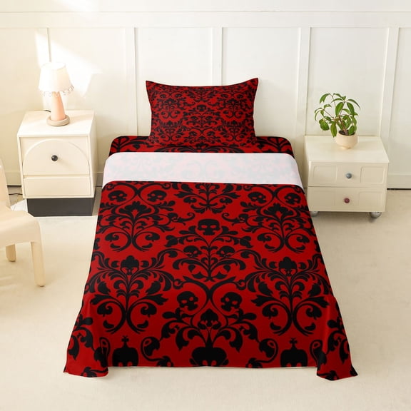 Homewish Vintage Damask Skull Twin Sheets for Kids, Crimson Black Gothic Baroque Spooky Bedding, 3-Piece, 1 Flat Sheet, 1 Fitted Sheet and 1 Pillowcase