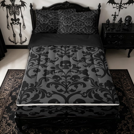 Homewish Vintage Damask Skull Zipper Twin Comforter Sets with Fitted Sheet and 2 Pillowcases for Kids, Black Gothic Floral Halloween Zipper Bedding Set, Black Reversible, 4-Piece