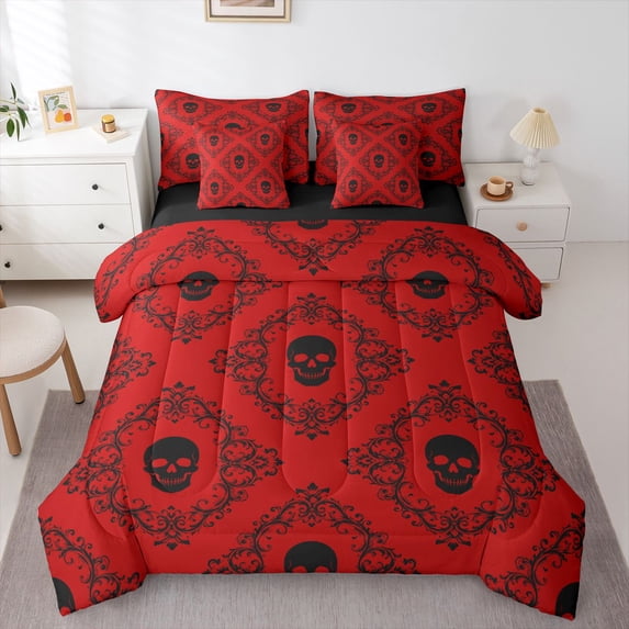 Homewish Vintage Death Skull 7-Piece King Bedding,Bohemian Damask King Bed in a Bag,Red,Halloween Bed Set,Black Reversible