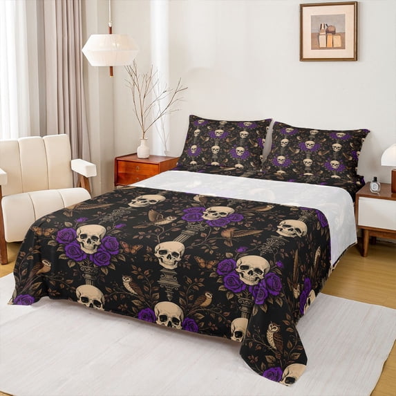 Homewish Vintage Death Skull Queen Sheets,Purple Flowers Queen Sheet Sets,Goth Halloween Bed Set,4-Piece,1 Flat Sheet, 1 Fitted Sheet and 2 Pillowcases
