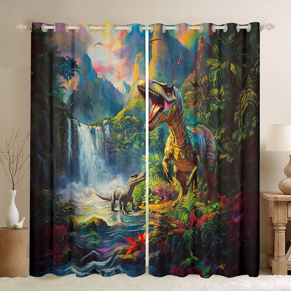 Homewish Vintage Dino Kitchen Curtains,Jungle Wildlife Black Out Curtains Pack of 2 (42x63 Each),Green