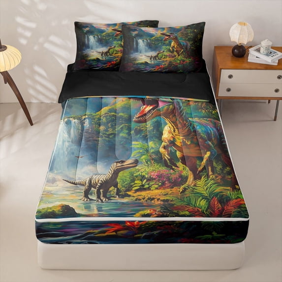 Homewish Vintage Dino Zipper Twin Comforter Sets with Fitted Sheet and 2 Pillowcases,Jungle Wildlife Zipper Bedding Set,Green,Black Reversible,4pcs