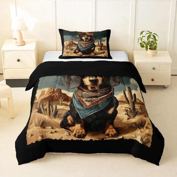 Homewish Vintage Dog Dachshund Twin Comforter Sets,Western Cowboy Hat Bedding Set,Desert Cactus Decor,Black Reversible,2 Pieces,1 Comforter and 1 Pillowcase