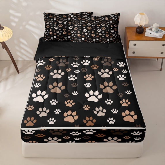 Homewish Vintage Dog Paw Zipper Full Size Comforter Sets with Fitted Sheet and 2 Pillowcases,Pet Themed Zipper Bedding Set,Black,Black Reversible,4pcs
