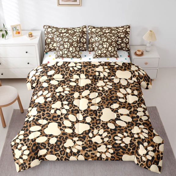 Homewish Vintage Dog Paws 7-Piece Twin Bedding,Classic Brown Leopard Print Bedding Comforter Set,Polkadot Reversible