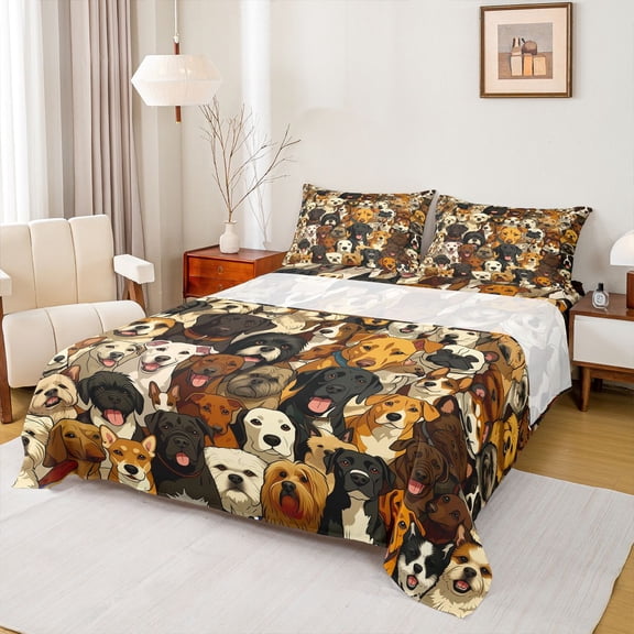 Homewish Vintage Dog Themed Bed Sheets,Pet Lovers Full Size Sheets,Brown,4 Pieces,1 Flat Sheet, 1 Fitted Sheet and 2 Pillowcases