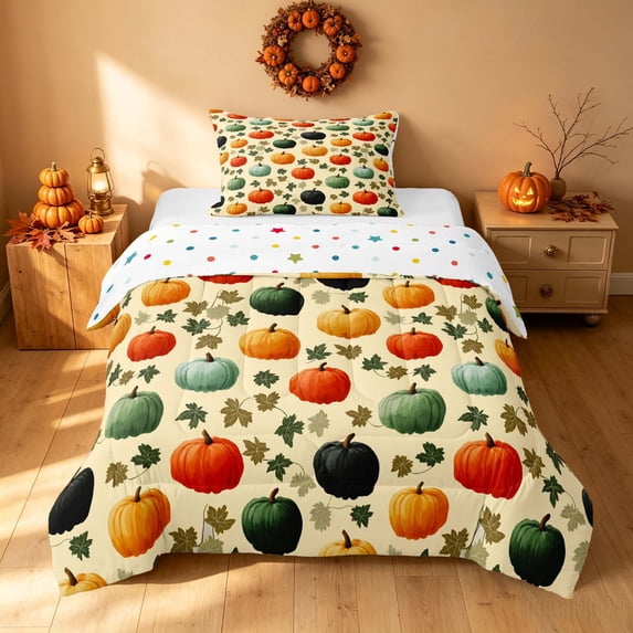 Homewish Vintage Fall Pumpkin Twin Comforter Sets, Autumn Maple Leaf Bedding Set, Cream Mixed Hues, Polka Dots Reversible, 2 Pieces 1 Comforter and 1 Pillowcase