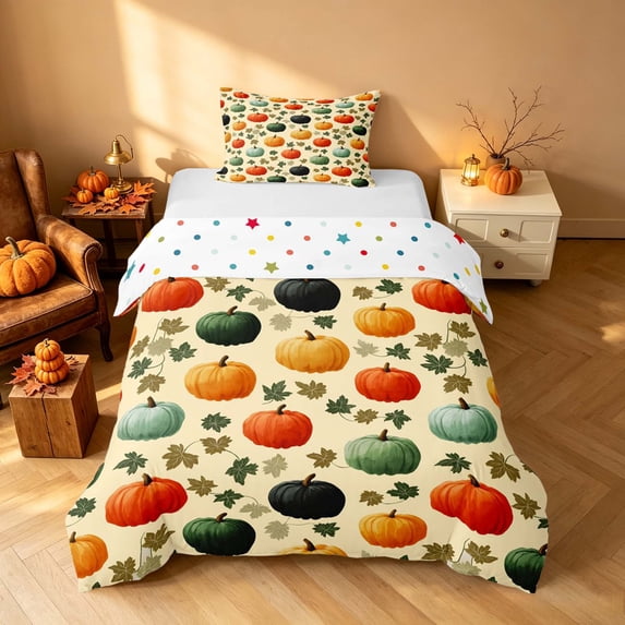 Homewish Vintage Fall Pumpkin Twin Duvet Cover, Autumn Maple Leaf Twin Bedding, Cream Mixed Hues, Polka Dots Reversible 2 Pieces, 1 Duvet Cover and 1 Pillowcase