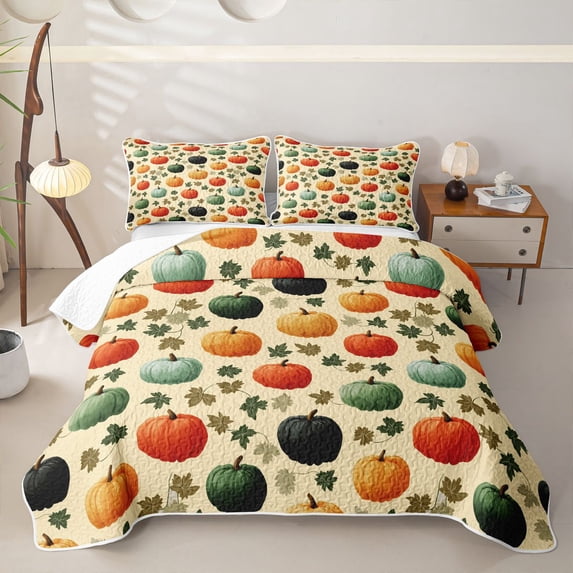 Homewish Vintage Fall Pumpkin Twin Quilt Set, Autumn Maple Leaf Twin Coverlet Set, Cream Mixed Hues, 2-Piece 1 Bedspread and 1 Pillowcase