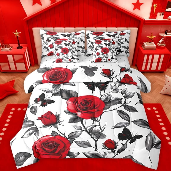 Homewish Vintage Floral 7-Piece Bedding Comforter Set,Natural Plant King Bedding Sets,Red Rose Flower Bed Sheets For Girl Kids,Breathable Home Decor