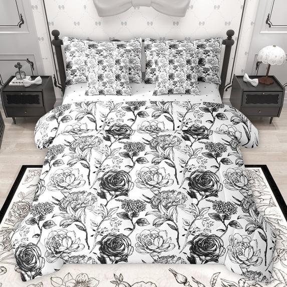 Homewish Vintage Floral 7pcs Bedding Comforter Set,Colorful Natural Plant Queen Bedding Sets,White Black Queen Sheet Sets For Girls,Breathable Home Decor Reversible
