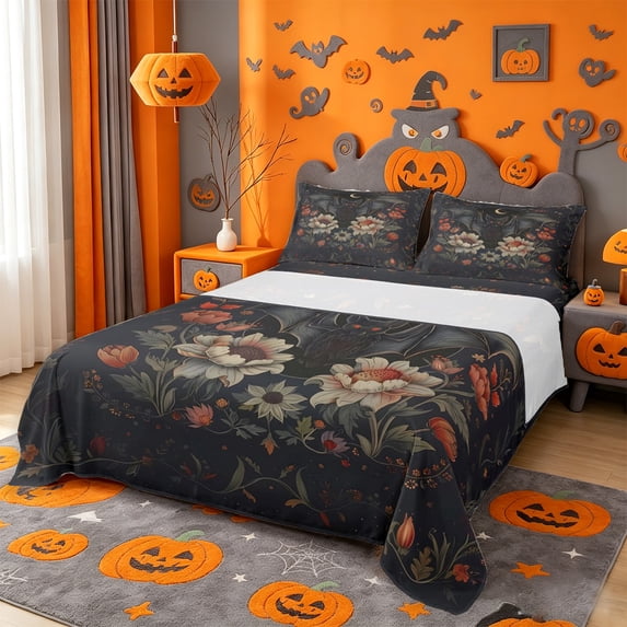 Homewish Vintage Floral Bed SheetsVintage Sunflower Branch Print Full Size Sheets,4-Piece,1 Flat Sheet,1 Fitted Sheet and 2 Pillowcases