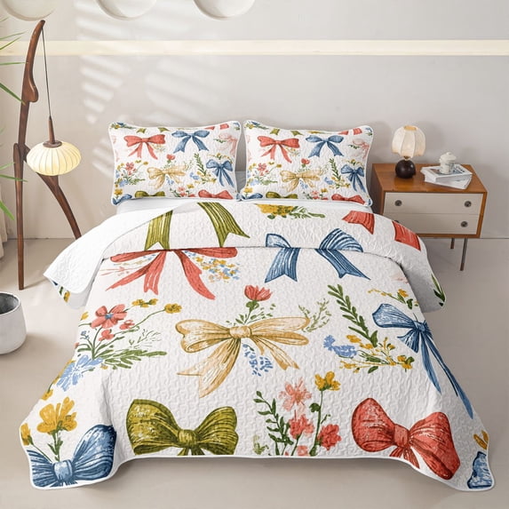 Homewish Vintage Floral Bow Twin Quilt Set For Women,Red Blue Yellow Retro Twin Coverlet Set,2 Pieces