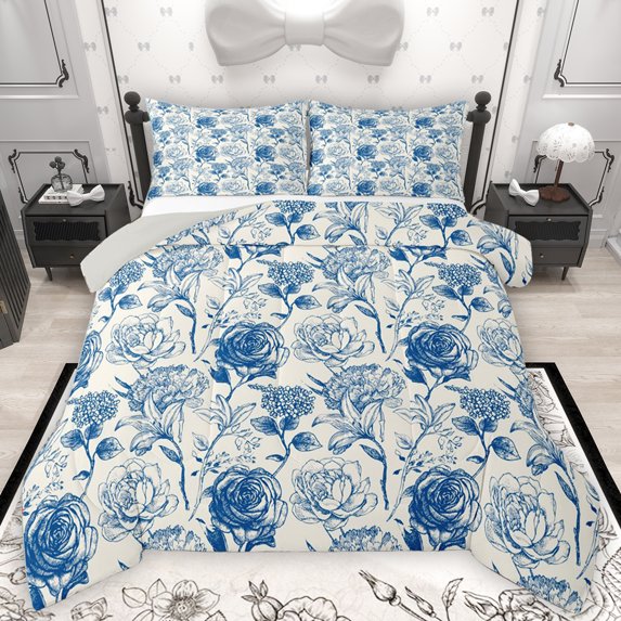 Homewish Vintage Floral Full Size Comforter Sets,Colorful Natural Plant Bedding Comforter Set,Blue Flower Bedding Sets For Girls,Breathable Home Decor Reversible,3 Pieces