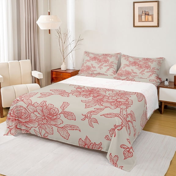 Homewish Vintage Floral Queen Sheet Sets,Colorful Natural Plant Flat Sheet,Red Gray Queen Fitted Sheet For Girls,Breathable Home Decor,4pcs