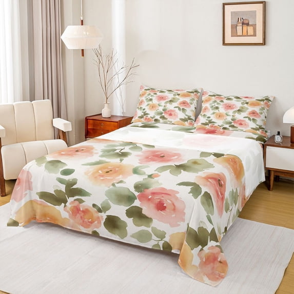 Homewish Vintage Floral Queen Sheet Sets,Natural Plant Flat Sheet,Pink Orange Flower Queen Fitted Sheet For Girl Kids,Breathable Home Decor,4pcs