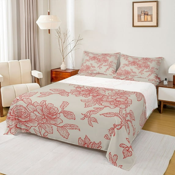 Homewish Vintage Floral Twin Sheet Sets,Colorful Natural Plant Twin Fitted Sheet,Red Gray Flat Sheet For Girls,Breathable Home Decor,3-Piece