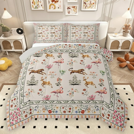 Homewish Vintage Flower Floral Queen Comforter Set, Leopard Flamingo Deer Wildlife Bedding Sets, Bohemian Western Style Reversible Bedding Comforter Set, Lightweight Room Decor, 3 Pieces